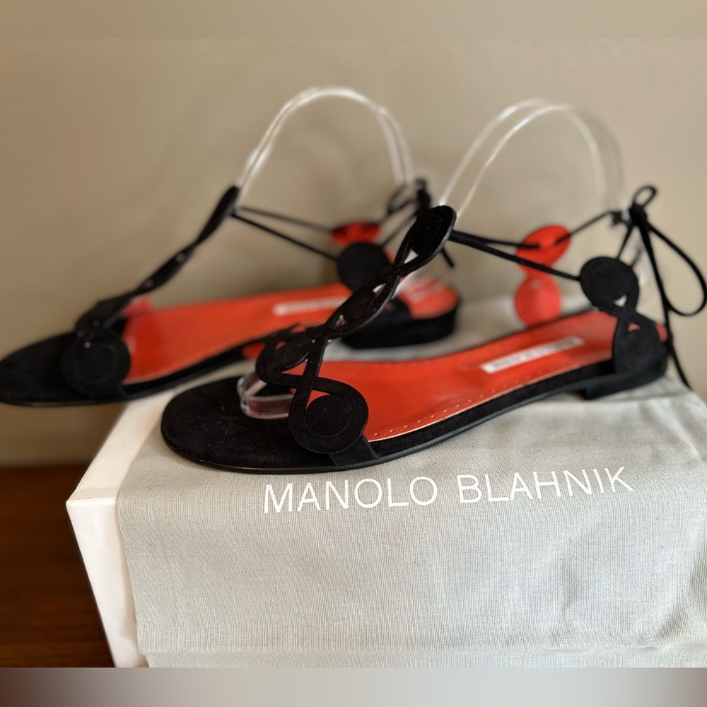 Manolo Blahnik Coral and Black Sandals with Ankle Straps